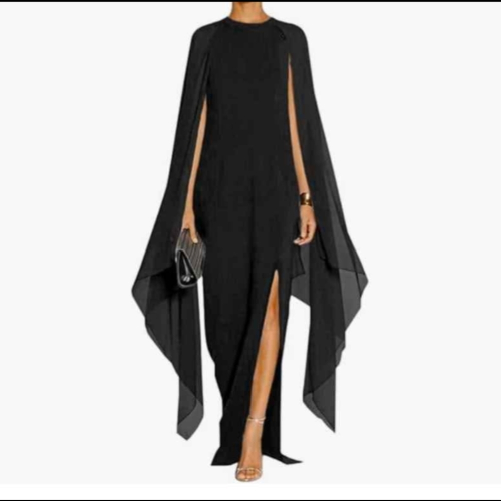 BNWOT Elegant High Split Black Cape Dress
